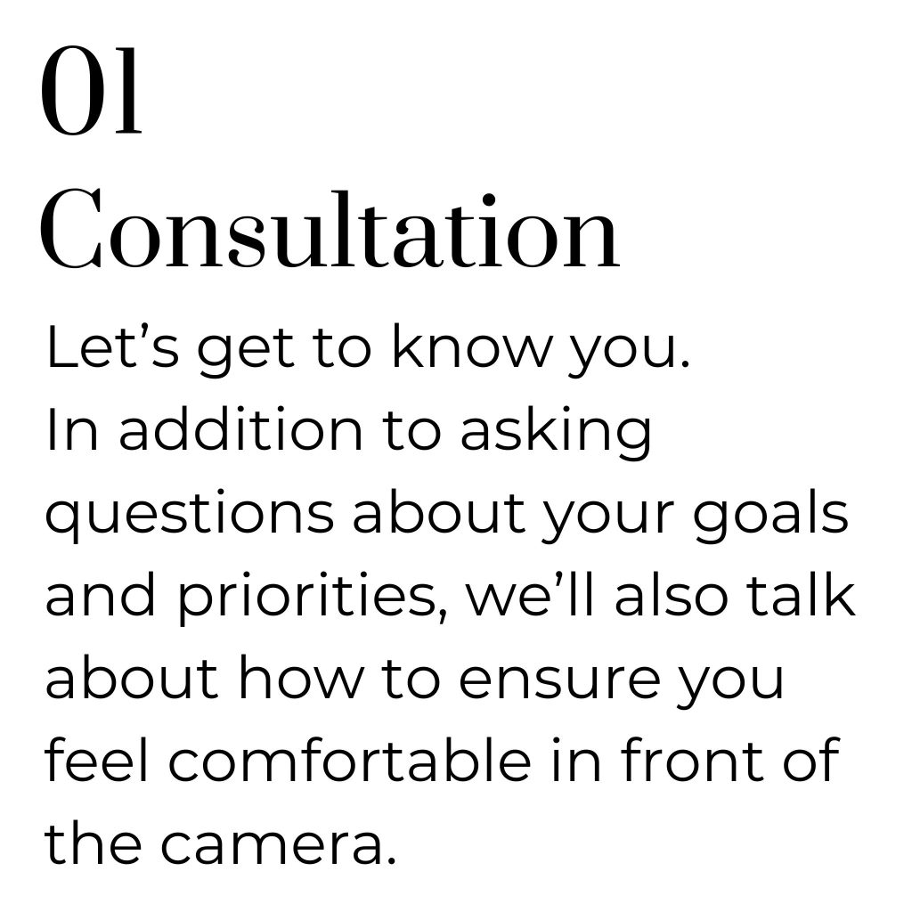 our service begins with a personalized consultation to understand your vision, goals, and desired brand portrayal.